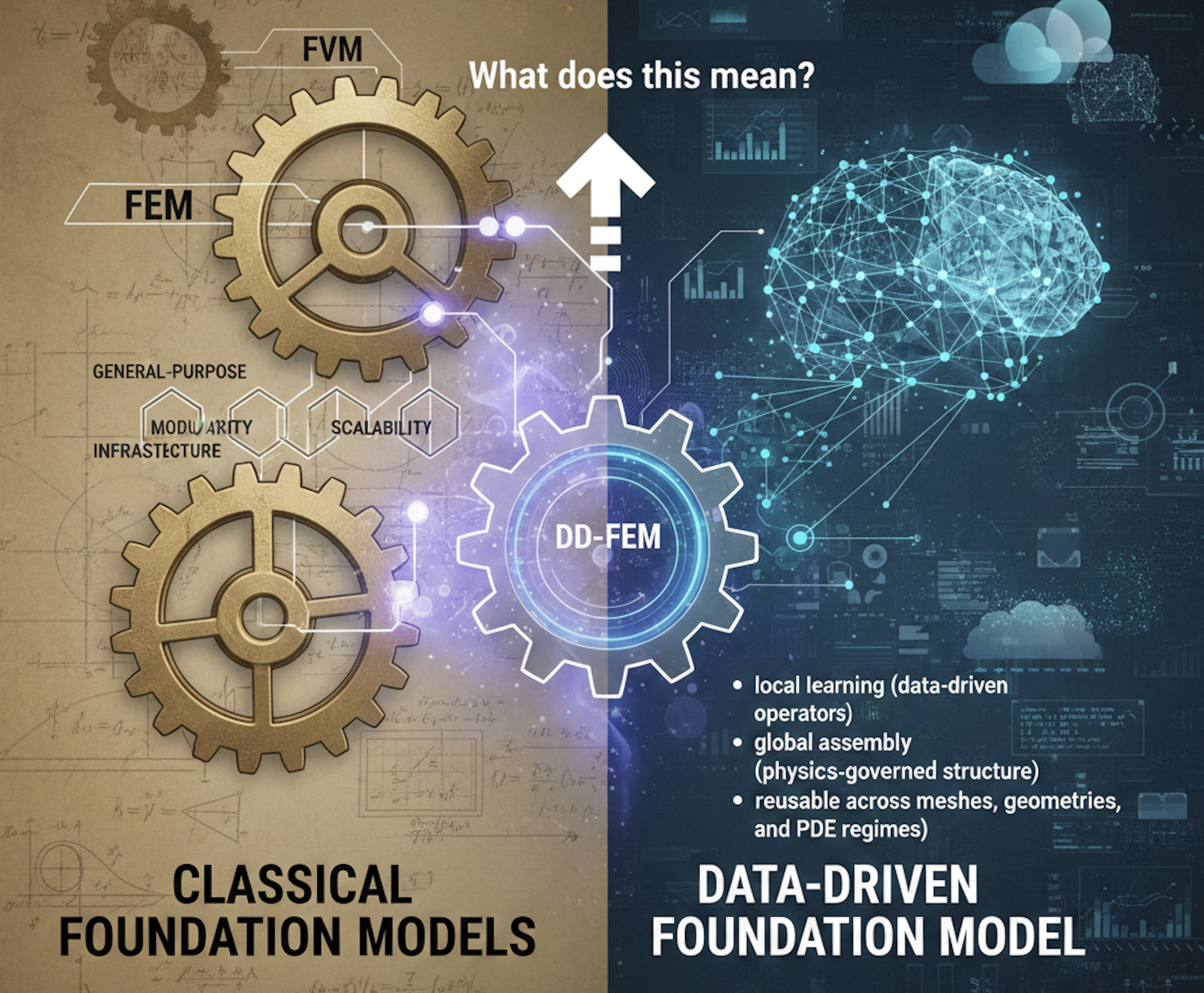 From classical foundation methods to data-driven foundation models via DD-FEM